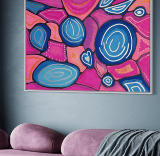 original abstrqact painting of blue and pink shapes