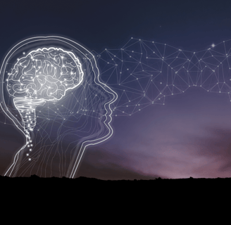 a stylized white line graphic of a head in profile with a glowing brain inside