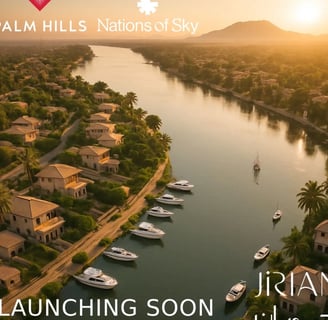 General view of Jirian showing marina and villas along the New Nile