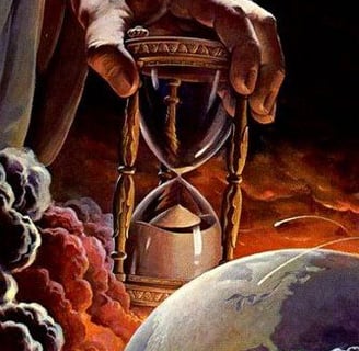 Jesus holding an hourglass in front of the Earth