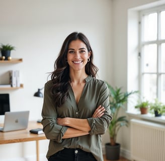 a woman in a green shirt and jeans standing in front of a desk