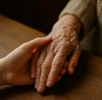 Main d'une jeune femme tenant la main d'une dame âgée