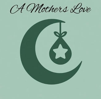Illustration of a dark green crescent moon carding a hanging baby bundle with a star set up against a light green background 