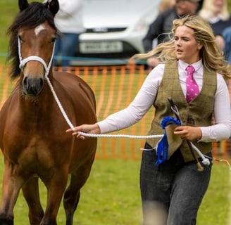 Girl running with a horse at an agricultural show