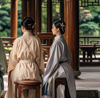 ancient Chinese couple meditating on stools
