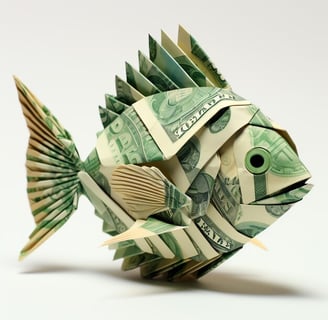 Poisson confectionné en billet de banque.