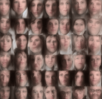 An AI-generated image of the prompt, "prosopagnosia." A collage of faces with indistinct features.
