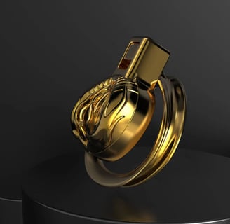 a short gold chastity cage with a golden vagina on the front