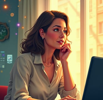 a woman sitting at a desk with a laptop