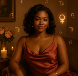 A confident Black woman in a red silk dress lounges on a velvet chaise with zodiac symbols, candles,