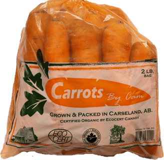 Clear plastic bag of carrots with Carrots by Cam logo