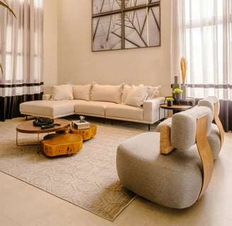 a living room with a couch and a table