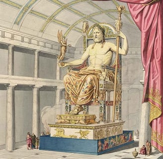 Estátua colossal de Zeus em Olímpia, uma das 7 Maravilhas do Mundo Antigo, feita de ouro e marfim.