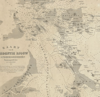 A Dutch map of Residentie Riouw en Onderhoorigheden (Residence of Riau and Dependencies) in 1860.