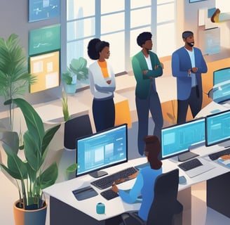 a group of people working on computers and sitting at desks