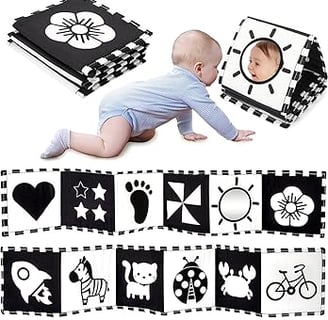 Livre sensoriel en tissu noir et blanc pour bébé, idéal dès la naissance pour stimuler la vision et 