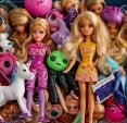 A beautiful collection of upcycled plastic items on a glam kitsch mirror