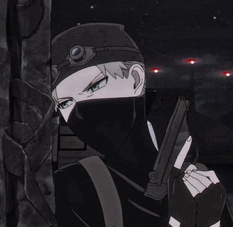 Masked character from Spy x Family holding a gun in dark environment.