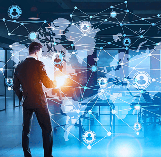 A business leader in a black suit stands in the middle of a boardroom, reviewing a large holographic customer journey map.