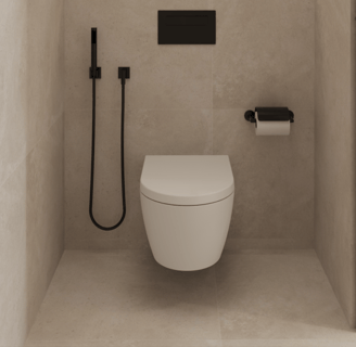 Wall-mounted toilet, bidet, and toilet paper holder in a beige bathroom.