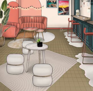 Dessin d'un café girly dans les tons rose et bleu orage