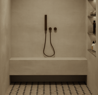 Minimalist shower area with shelves and a handheld showerhead.