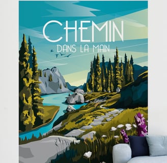 tapisserie d'un panorama de montagne et chemin représentant le thème