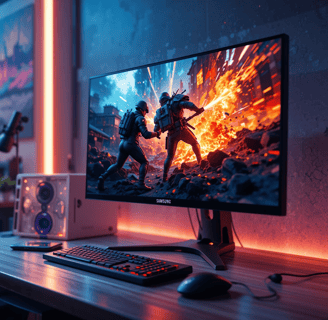 Monitor gamer Sansung 24" FHD com imagem de jogo de tiro.