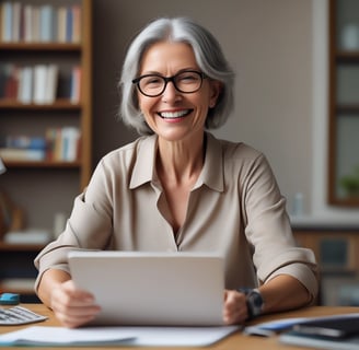 Smiling older woman with glasses holding a tablet, sitting in a cozy office with bookshelves.