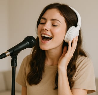 Une femme chantant dans un microphone avec un casque sur les oreilles.