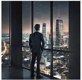 um homem de terno em frente a uma janela com vista para a cidade