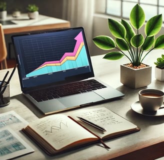 a laptop computer sitting on a desk with a cup of coffee