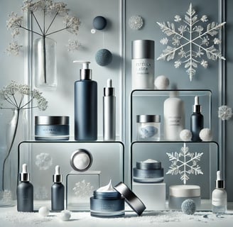 a display of skin care products and cosmetics products with a winter theme