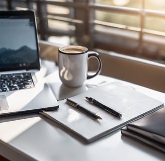 a laptop computer and a cup of coffee on a desk