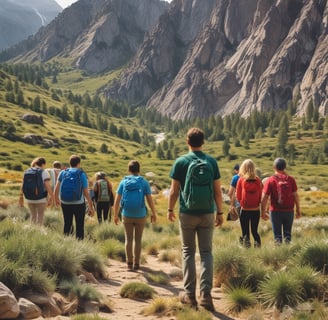 a teacher with a group of students hiking through the mountains in nature