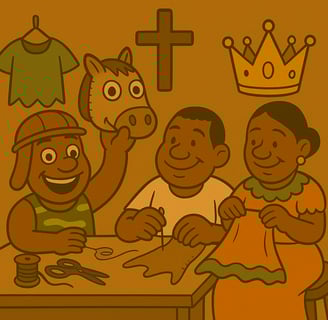 Ilustração de oficina cultural com moradores fazendo máscaras e adereços do Reisado
