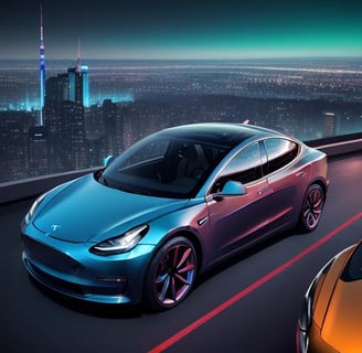 a blue and silver tesla model s on a city street