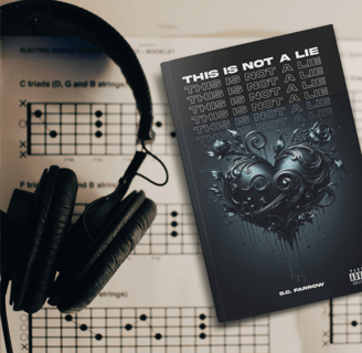 A book with a black cover featuring a black romantic heart lying on a sheet of music next to a pair of headphones