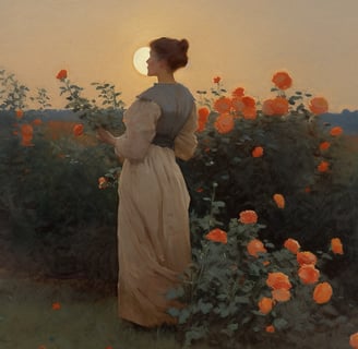 digital oil painting of a woman in front of a coral rose bush at dawn hour
