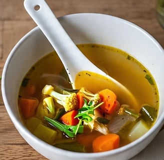 a bowl of broth  soup with a spoon and a spoon in it