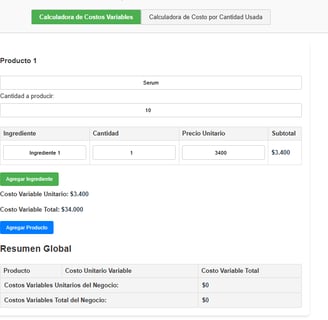 vista de la calculadora de costos variables