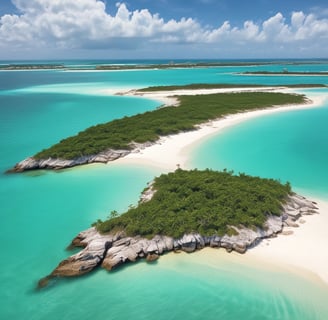 An aerial view of a sprawling landmass with intricate shapes surrounded by a deep blue body of water. The land appears dry, with a mix of brown and beige tones, and is intersected by narrow channels of water.