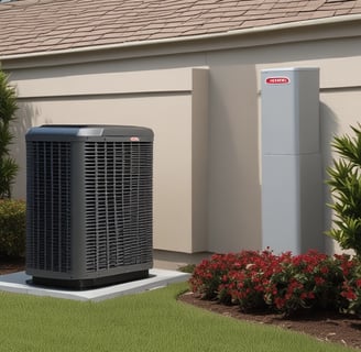 A modern, rectangular air conditioning or heating unit with the logo 'alpha innotec' is installed outside a building with a dark gray brick exterior. The unit is positioned against a light concrete wall, and there is overgrown grass along the edge of the pavement.