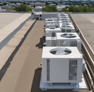 Numerous air conditioning units are densely packed on the exterior wall of a multi-story building. The image shows a very urban setting, with a grid-like arrangement of metal platforms supporting the units. Adjacent to this setup is a zigzagging metal staircase, leading to various floors of the building. The overall appearance is industrial and cluttered.