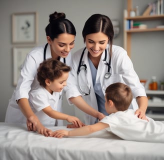 A healthcare professional, dressed in white and wearing gloves, examines a newborn baby while the mother holds the baby on a sofa. A young girl is also present, sitting next to the mother and baby, observing attentively. There is a decorated Christmas tree in the background, indicating a festive atmosphere.