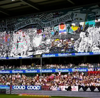 Emotionaler Rosenborg-Fan fiebert im Stadion mit – typische Fußballatmosphäre in Trondheim.
