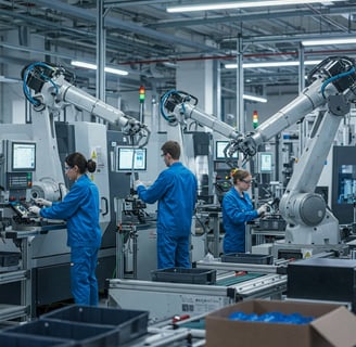 Representación de personas trabajando junto a tecnologías avanzadas