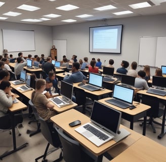 A dimly lit computer lab features several workstations with monitors and keyboards arranged in a line. A design composed of blue lines and the word 'Amcbridge' is visible on the wall. Vertical blinds partially cover the window, letting in minimal light.