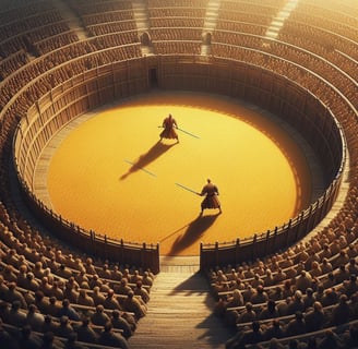 two men in a arena with two swords and two swords