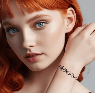 a woman with red hair and a tattoo on her wrist